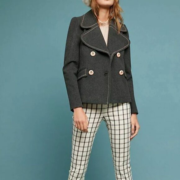 Anthropologie Jacket Peacoat Womens 2 Gray Cropped Blazer Contrast Trim Relaxed - Picture 13 of 13